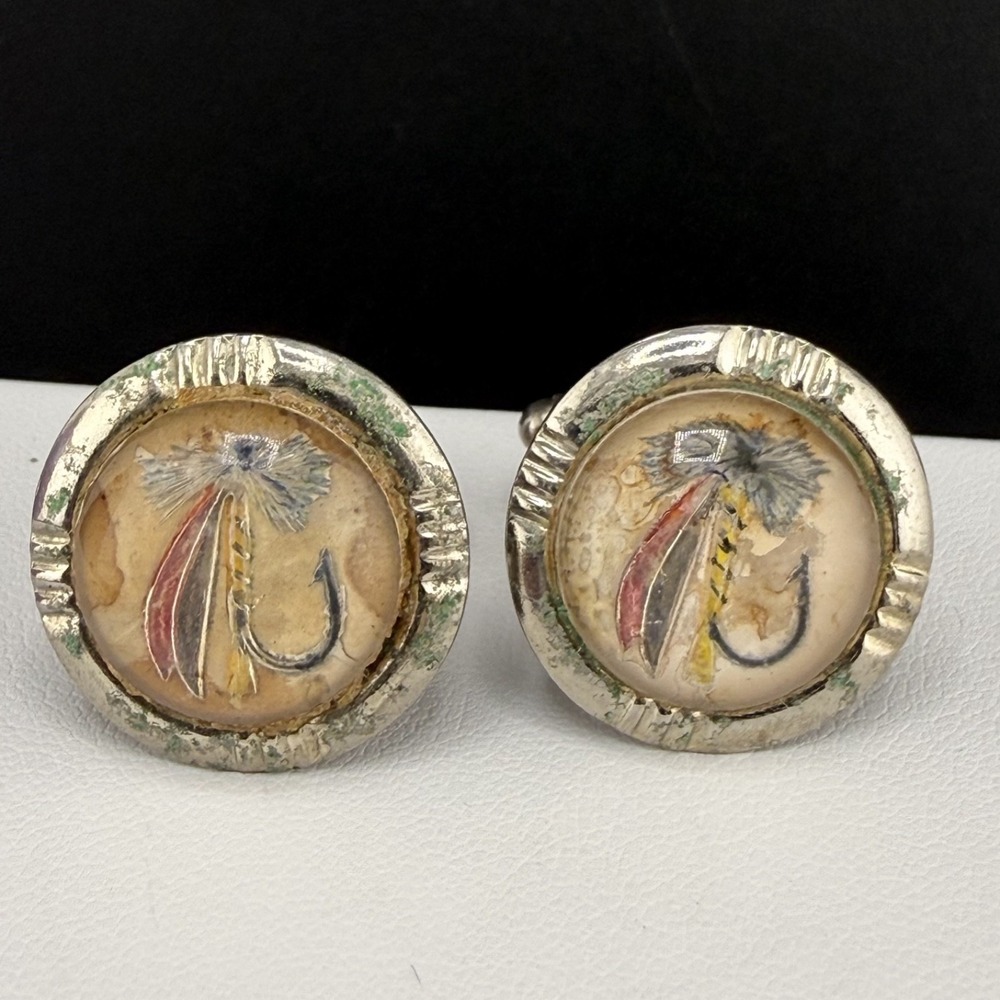 Vintage Estate Cufflinks Fly Fishing Silver Tone Resin Sports Theme